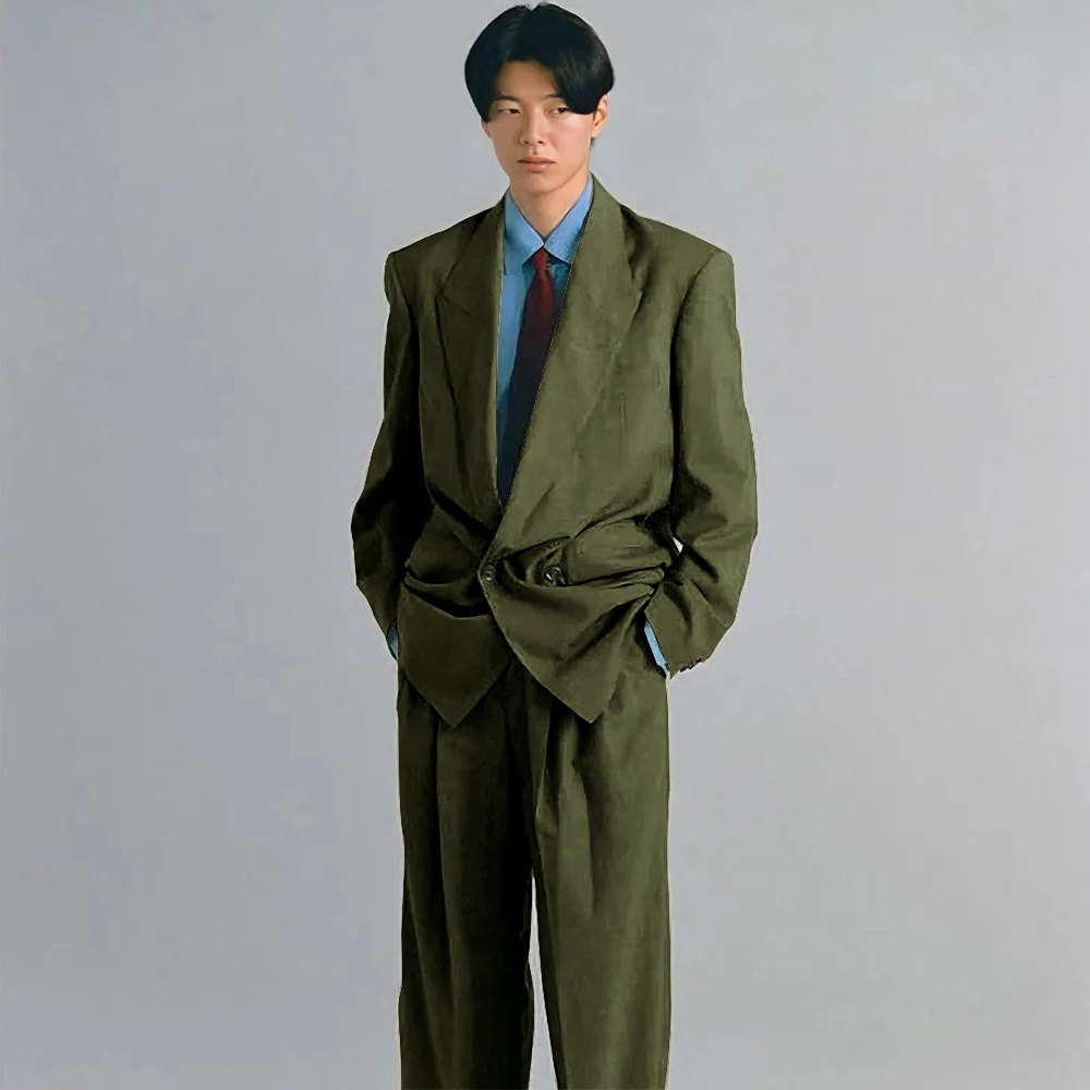 Army Green Men Suits 2 Pieces Jacket Pants Peak Lapel High Quality Banquet Celebrity Prom Party Double Breasted Classic Fashion