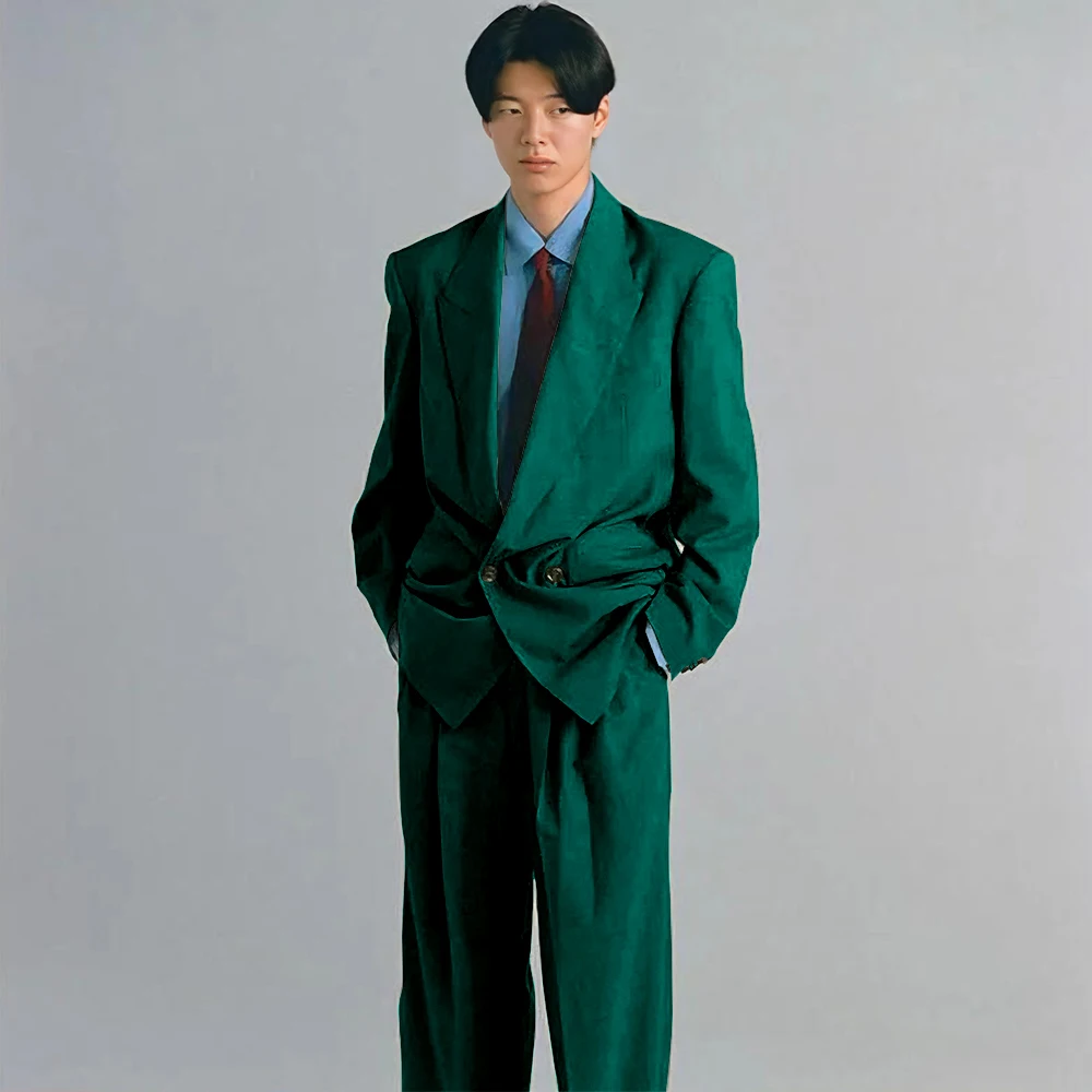 Army Green Men Suits 2 Pieces Jacket Pants Peak Lapel High Quality Banquet Celebrity Prom Party Double Breasted Classic Fashion