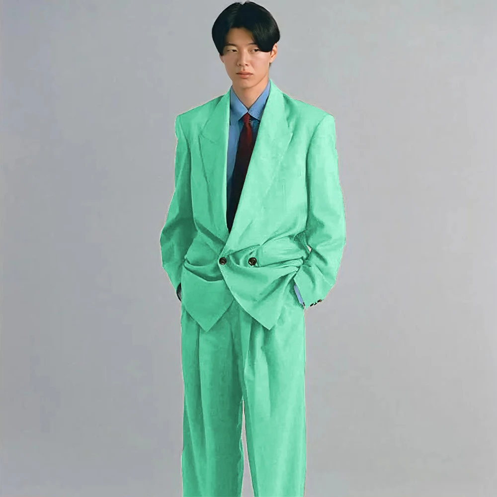 Army Green Men Suits 2 Pieces Jacket Pants Peak Lapel High Quality Banquet Celebrity Prom Party Double Breasted Classic Fashion