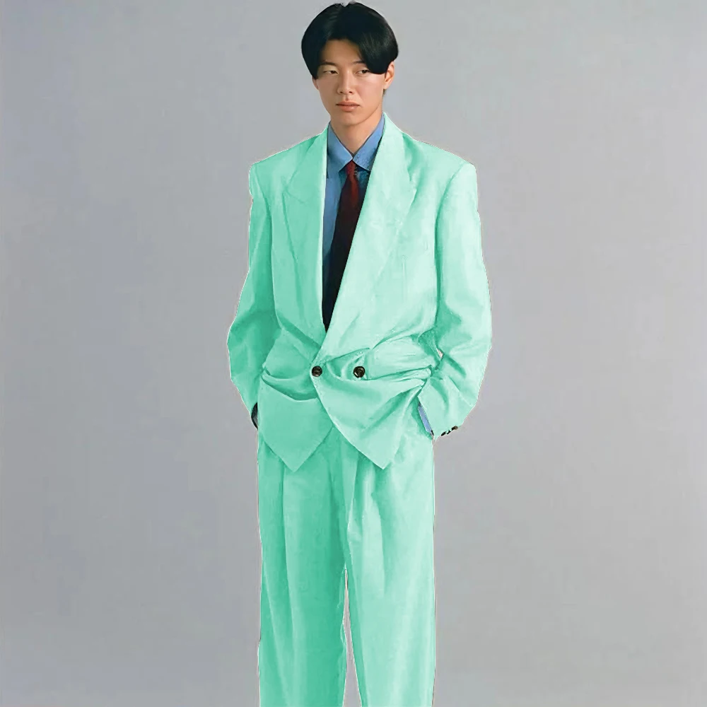 Army Green Men Suits 2 Pieces Jacket Pants Peak Lapel High Quality Banquet Celebrity Prom Party Double Breasted Classic Fashion