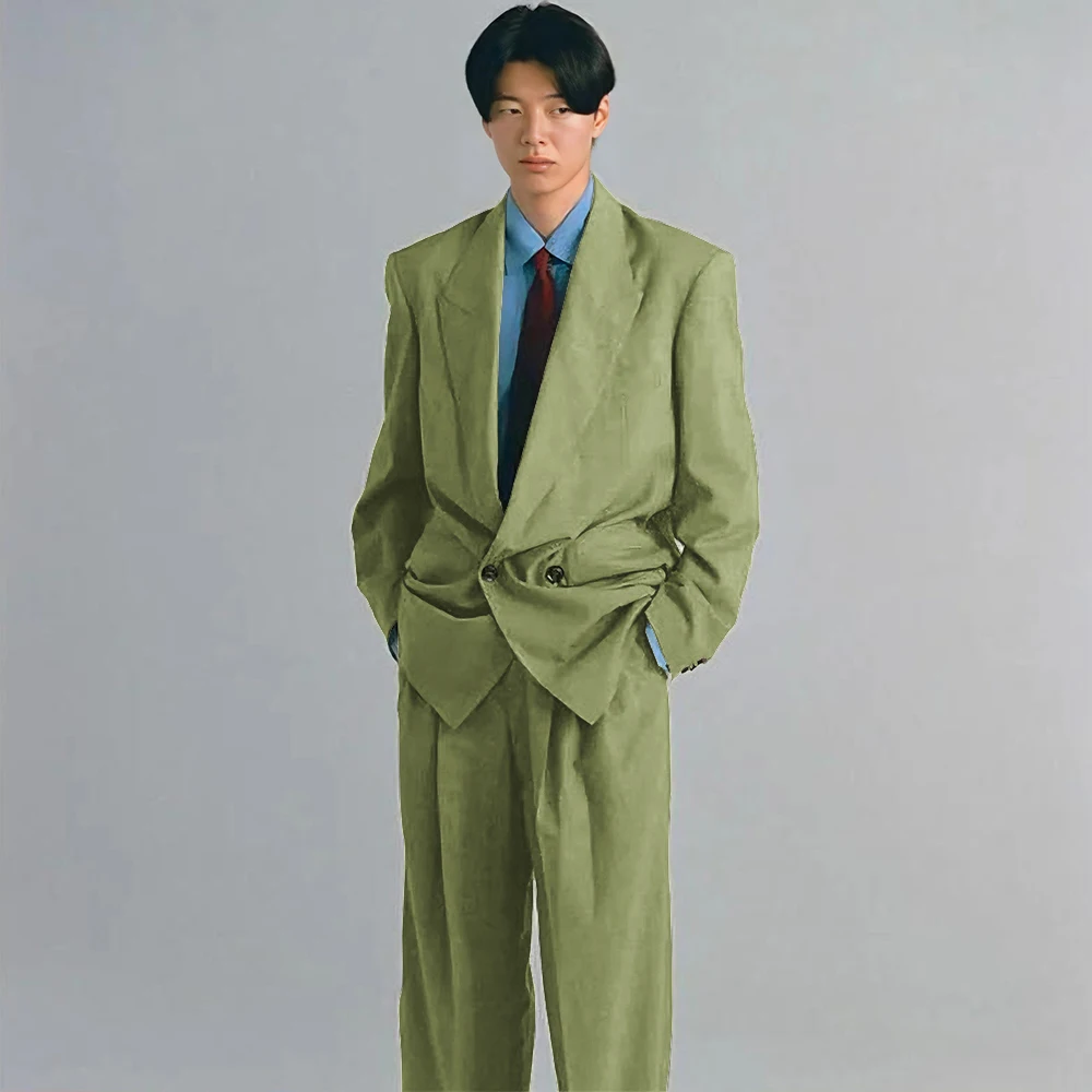 Army Green Men Suits 2 Pieces Jacket Pants Peak Lapel High Quality Banquet Celebrity Prom Party Double Breasted Classic Fashion