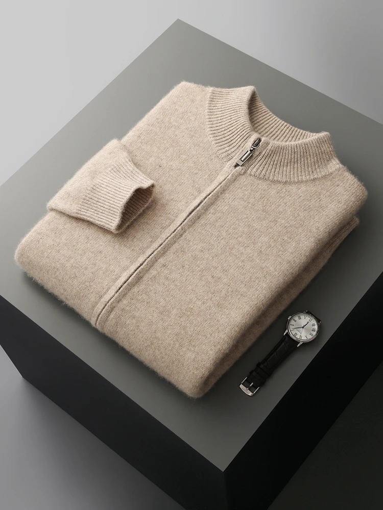 Choice High Quality Men Zipper Wool Cardigan Cashmere Sweater Autumn Winter Thick Smart Casual 100% Merino Wool Knitwear Tops