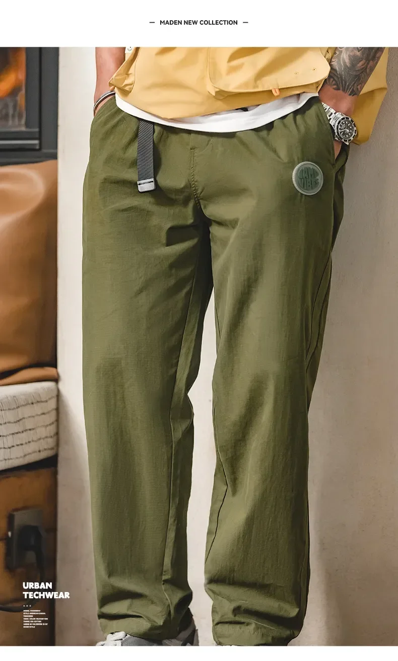 Maden Adjustable Straight Leg Drawstring Pants for Men Woven Outdoor Loose Casual Pants 3D Rubber Badge Male Mid-waist Trousers