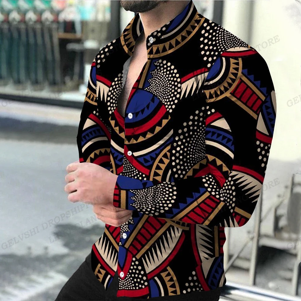 Geometric Theme ShirtsMen's Fashion, Casual Comfortable, Long Sleeve Shirts, Hawaiian Casual Beach Streetwear, Colorful Clothing