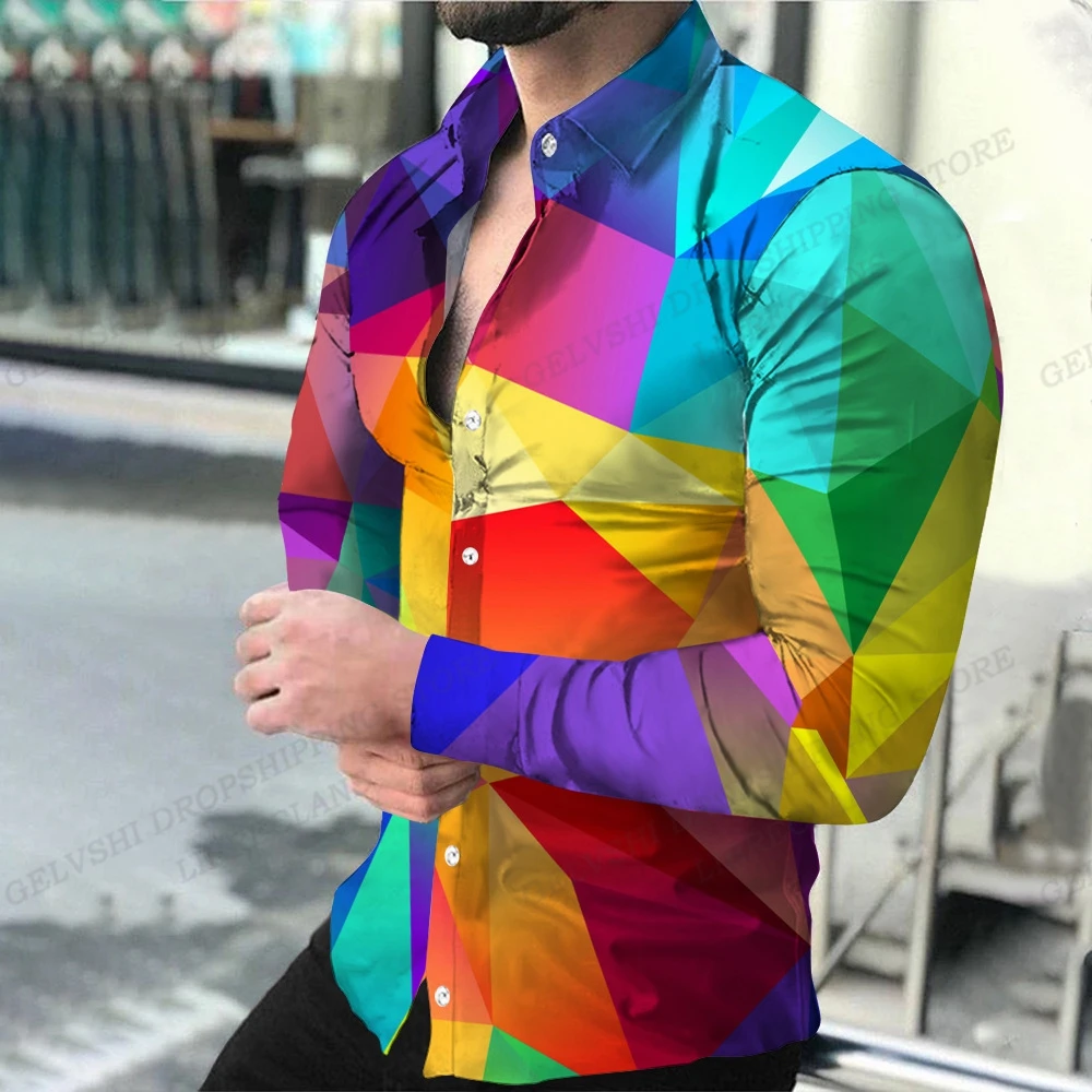 Geometric Theme ShirtsMen's Fashion, Casual Comfortable, Long Sleeve Shirts, Hawaiian Casual Beach Streetwear, Colorful Clothing