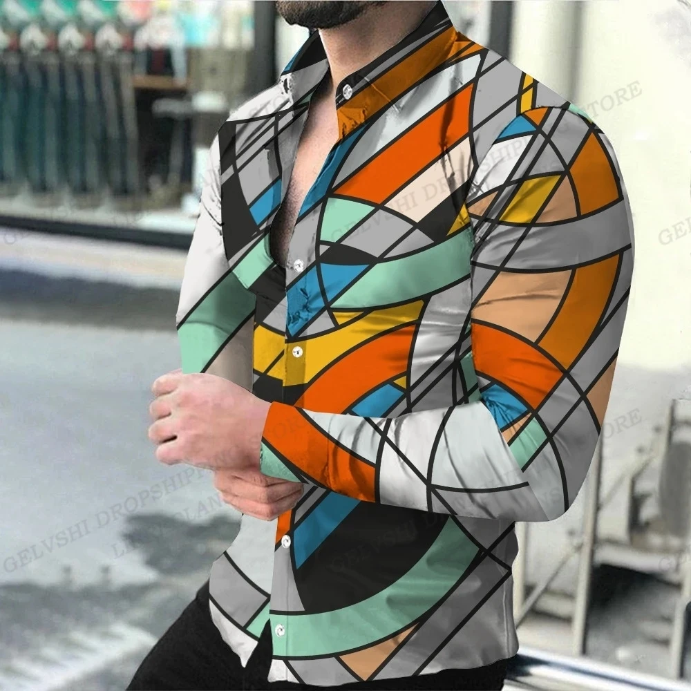 Geometric Theme ShirtsMen's Fashion, Casual Comfortable, Long Sleeve Shirts, Hawaiian Casual Beach Streetwear, Colorful Clothing