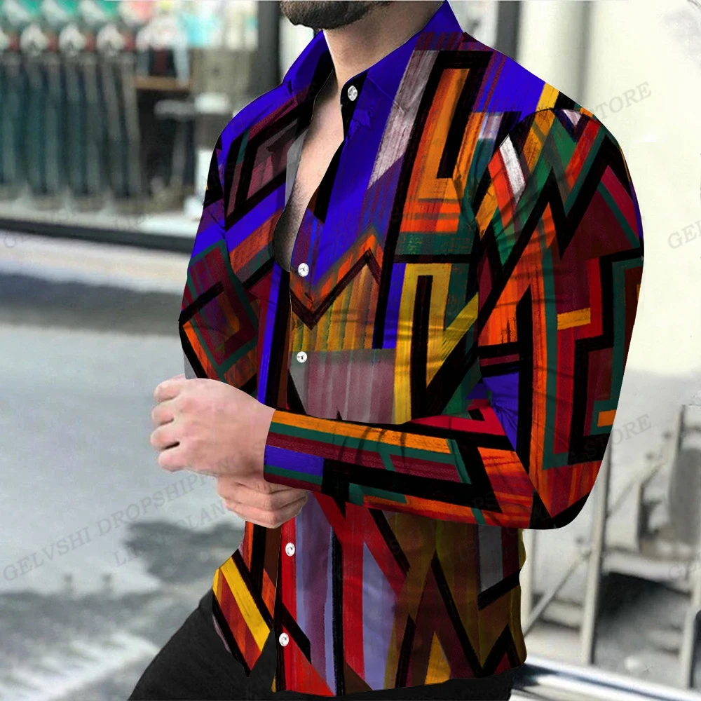Geometric Theme ShirtsMen's Fashion, Casual Comfortable, Long Sleeve Shirts, Hawaiian Casual Beach Streetwear, Colorful Clothing