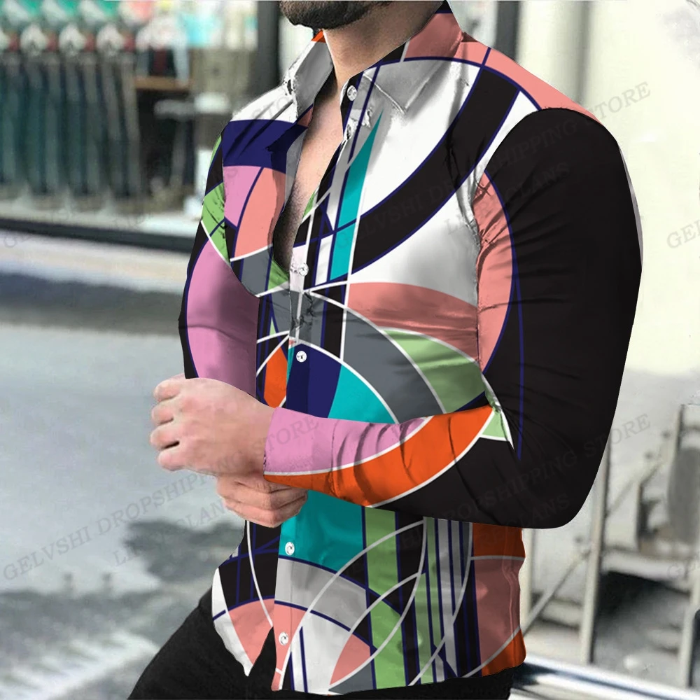 Geometric Theme ShirtsMen's Fashion, Casual Comfortable, Long Sleeve Shirts, Hawaiian Casual Beach Streetwear, Colorful Clothing