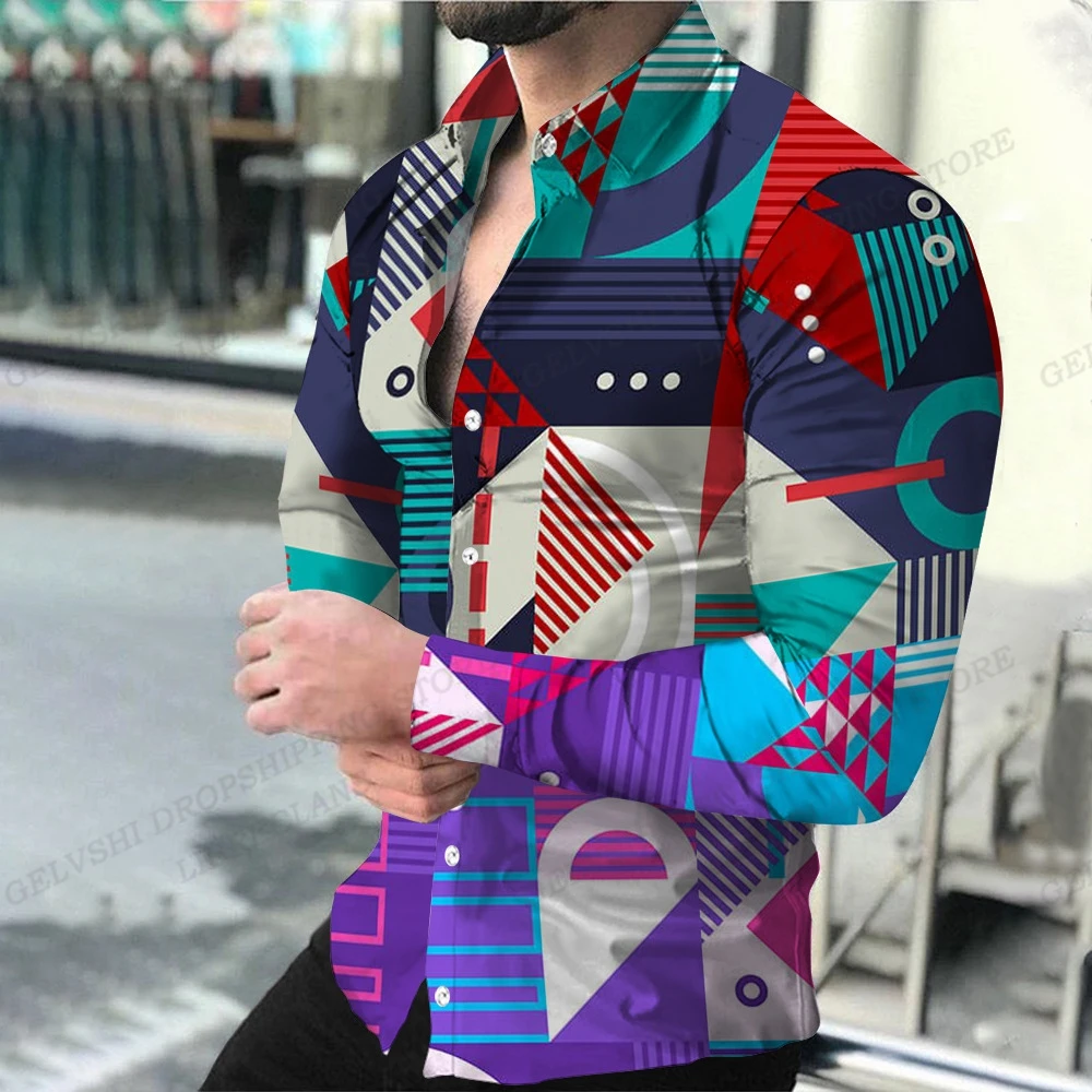 Geometric Theme ShirtsMen's Fashion, Casual Comfortable, Long Sleeve Shirts, Hawaiian Casual Beach Streetwear, Colorful Clothing