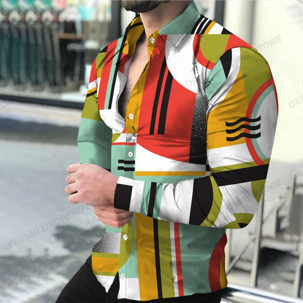Geometric Theme ShirtsMen's Fashion, Casual Comfortable, Long Sleeve Shirts, Hawaiian Casual Beach Streetwear, Colorful Clothing