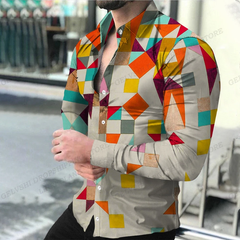Geometric Theme ShirtsMen's Fashion, Casual Comfortable, Long Sleeve Shirts, Hawaiian Casual Beach Streetwear, Colorful Clothing