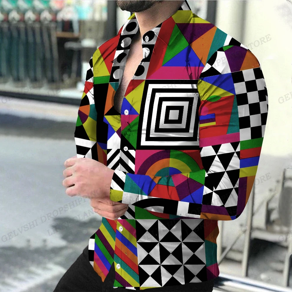 Geometric Theme ShirtsMen's Fashion, Casual Comfortable, Long Sleeve Shirts, Hawaiian Casual Beach Streetwear, Colorful Clothing
