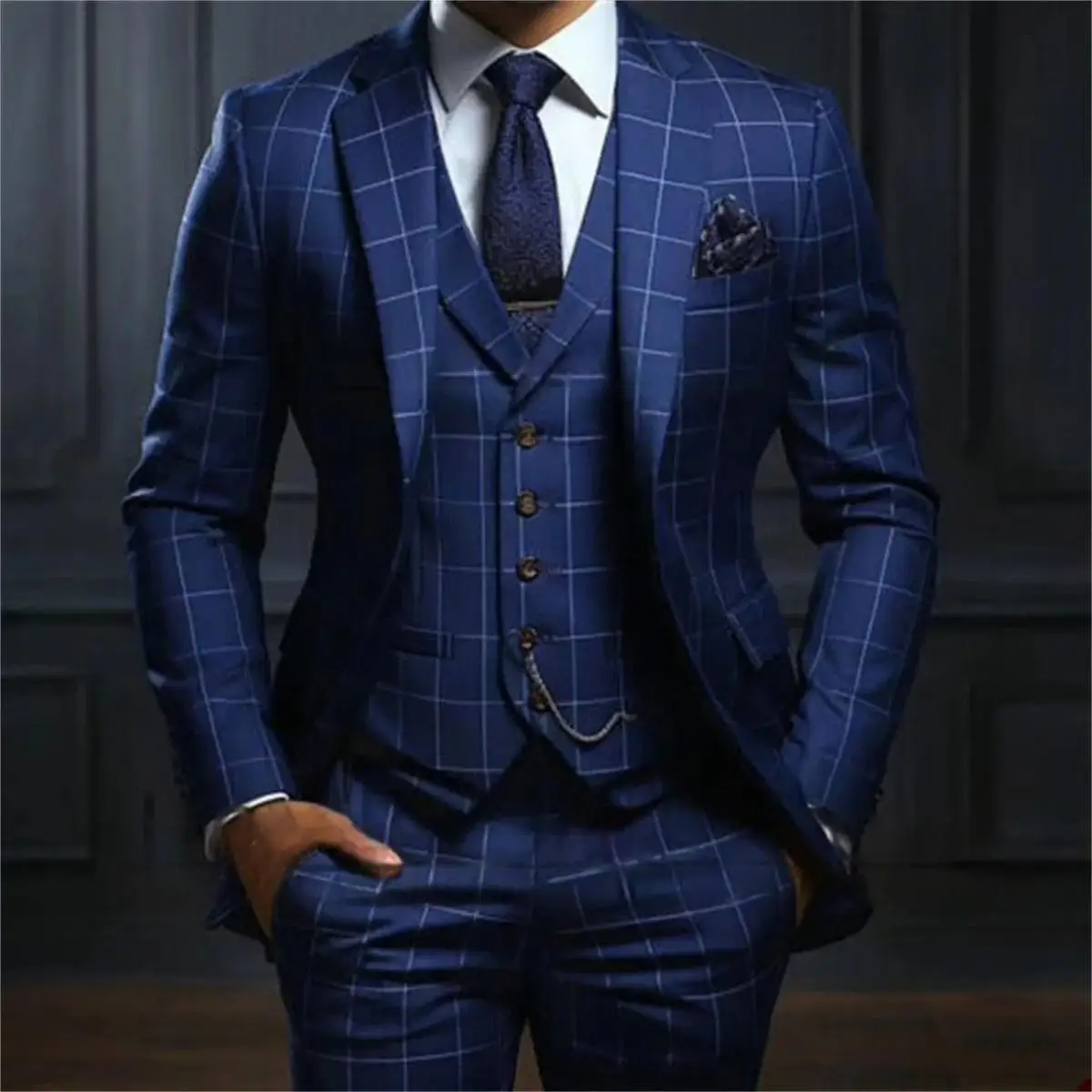 Navy Blue Plaid Luxuly Men Suits Slim Fit Notched Lapel Groom Formal Tuxedos Prom 3 Pcs Sets Business Male Blazer Costume Homme