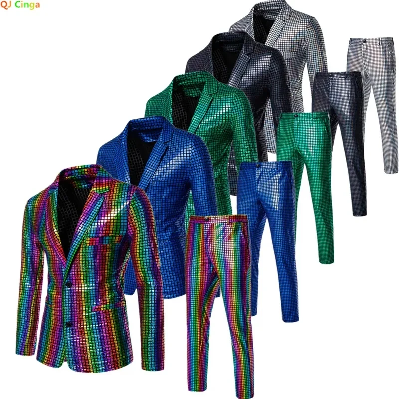Rainbow striped men's two-piece suitwith a unique and eye-catching style,perfect for fashion shows anda must-have for trendy men