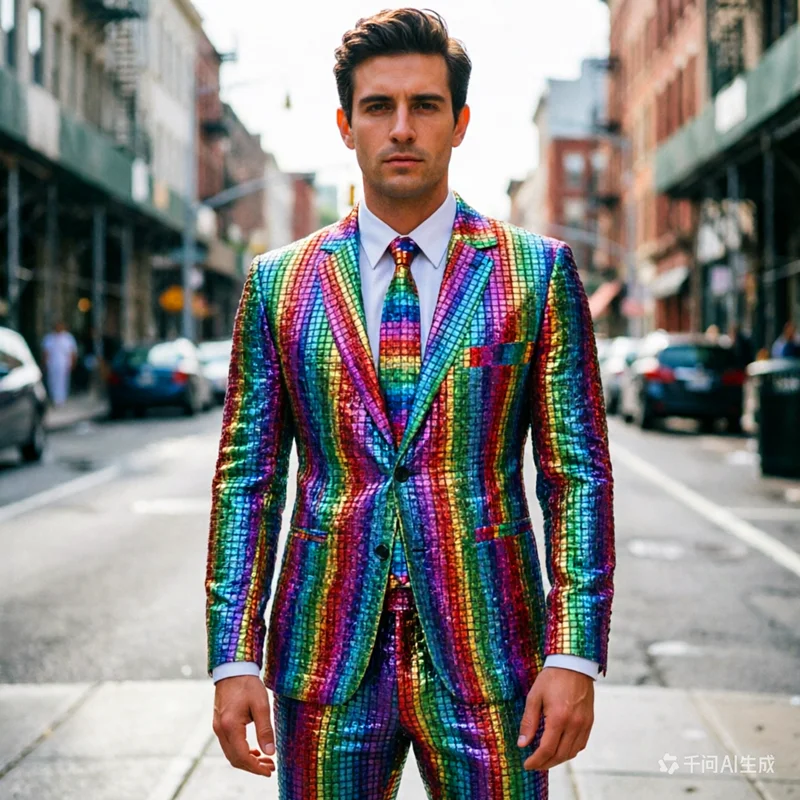 Rainbow striped men's two-piece suitwith a unique and eye-catching style,perfect for fashion shows anda must-have for trendy men
