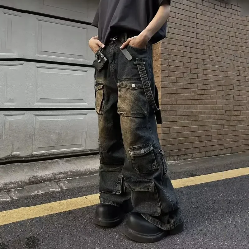 Autumn Y2K High Street Jeans Mens Multi-Pocket Hiphop Cargo Pants Vintage Straight Wide-Leg Denim Trousers Fashion Streetwear