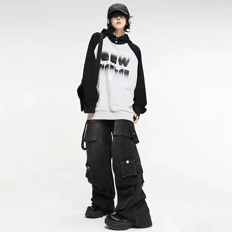 Autumn Y2K High Street Jeans Mens Multi-Pocket Hiphop Cargo Pants Vintage Straight Wide-Leg Denim Trousers Fashion Streetwear