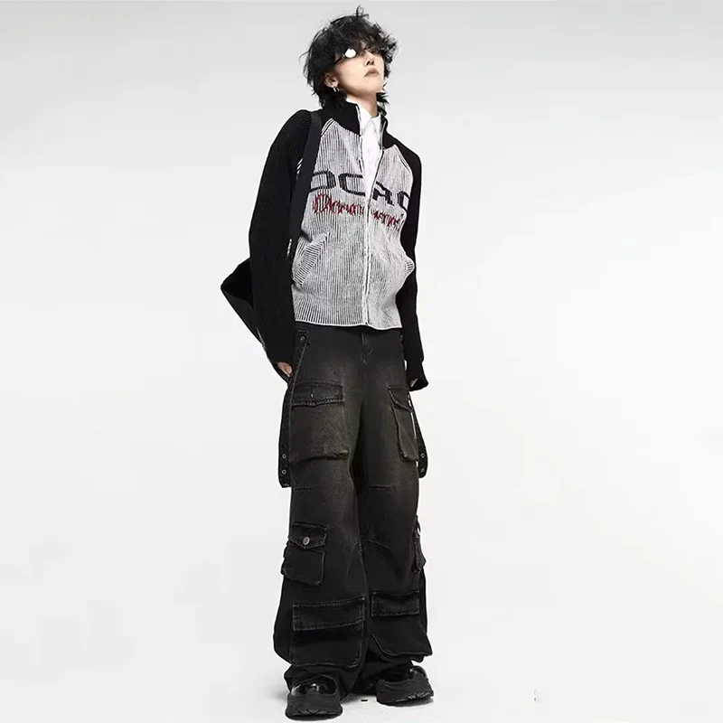 Autumn Y2K High Street Jeans Mens Multi-Pocket Hiphop Cargo Pants Vintage Straight Wide-Leg Denim Trousers Fashion Streetwear