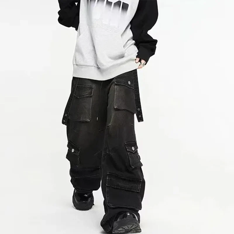 Autumn Y2K High Street Jeans Mens Multi-Pocket Hiphop Cargo Pants Vintage Straight Wide-Leg Denim Trousers Fashion Streetwear