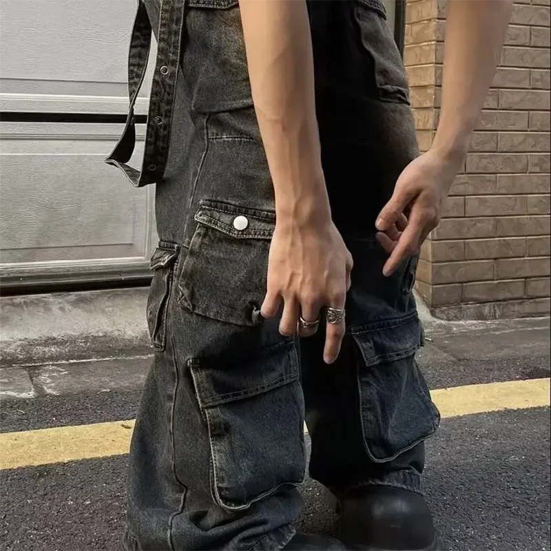 Autumn Y2K High Street Jeans Mens Multi-Pocket Hiphop Cargo Pants Vintage Straight Wide-Leg Denim Trousers Fashion Streetwear