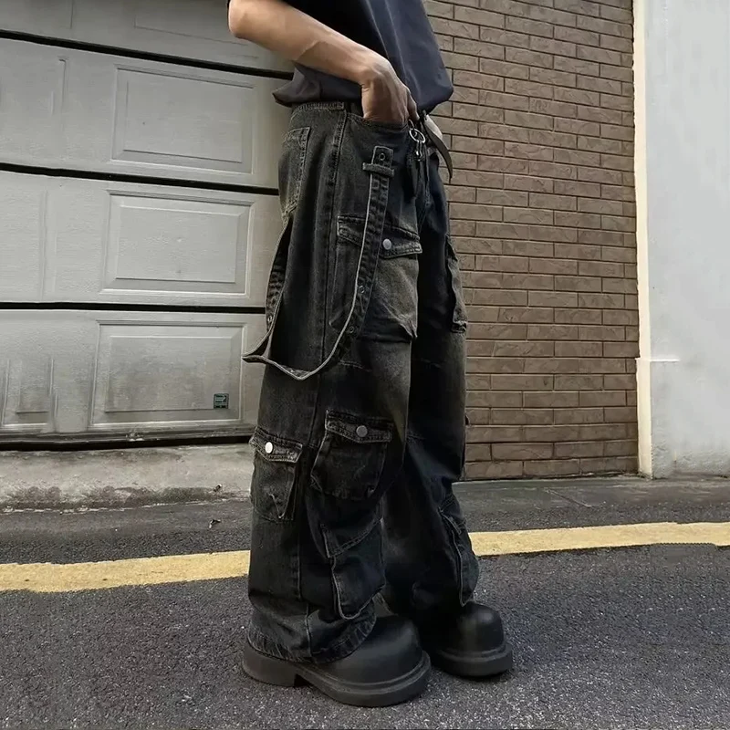 Autumn Y2K High Street Jeans Mens Multi-Pocket Hiphop Cargo Pants Vintage Straight Wide-Leg Denim Trousers Fashion Streetwear