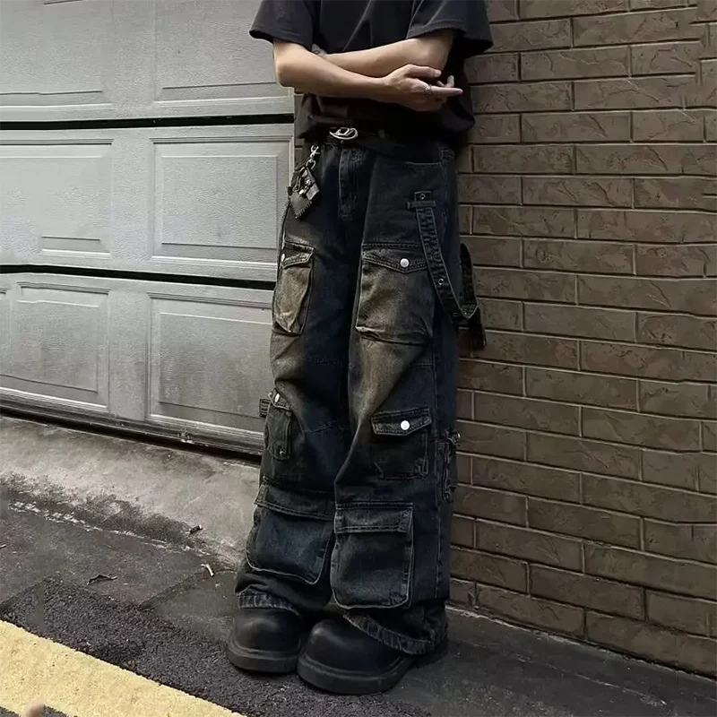 Autumn Y2K High Street Jeans Mens Multi-Pocket Hiphop Cargo Pants Vintage Straight Wide-Leg Denim Trousers Fashion Streetwear