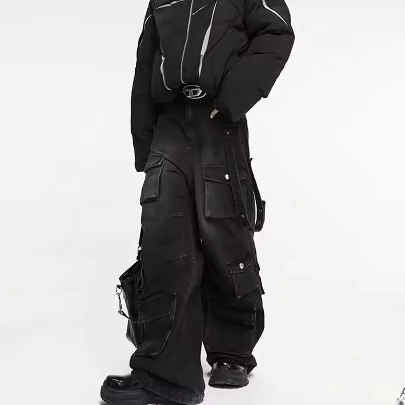 Autumn Y2K High Street Jeans Mens Multi-Pocket Hiphop Cargo Pants Vintage Straight Wide-Leg Denim Trousers Fashion Streetwear