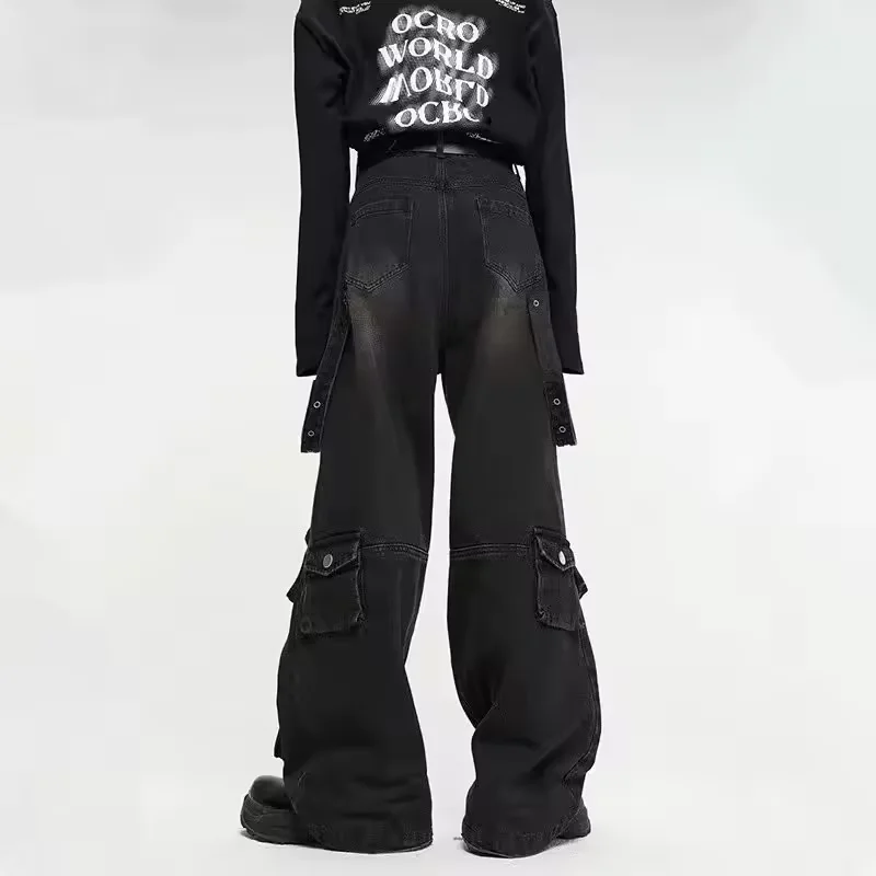 Autumn Y2K High Street Jeans Mens Multi-Pocket Hiphop Cargo Pants Vintage Straight Wide-Leg Denim Trousers Fashion Streetwear