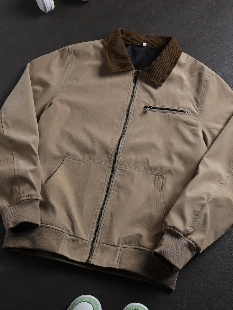 UETEEY Autumn Men Retro Canvas Detroit Jacket Corduroy Collar Heavyweight Short Zip Jacket With Pockets Casual Street Outerwear