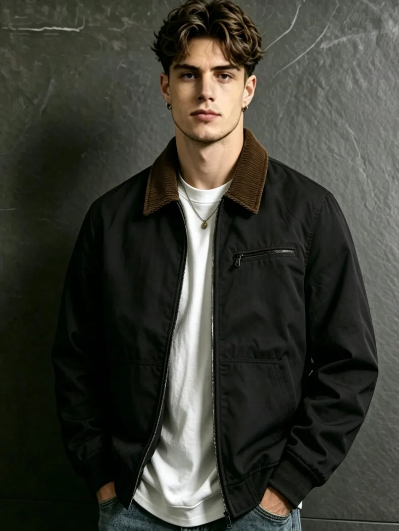 UETEEY Autumn Men Retro Canvas Detroit Jacket Corduroy Collar Heavyweight Short Zip Jacket With Pockets Casual Street Outerwear