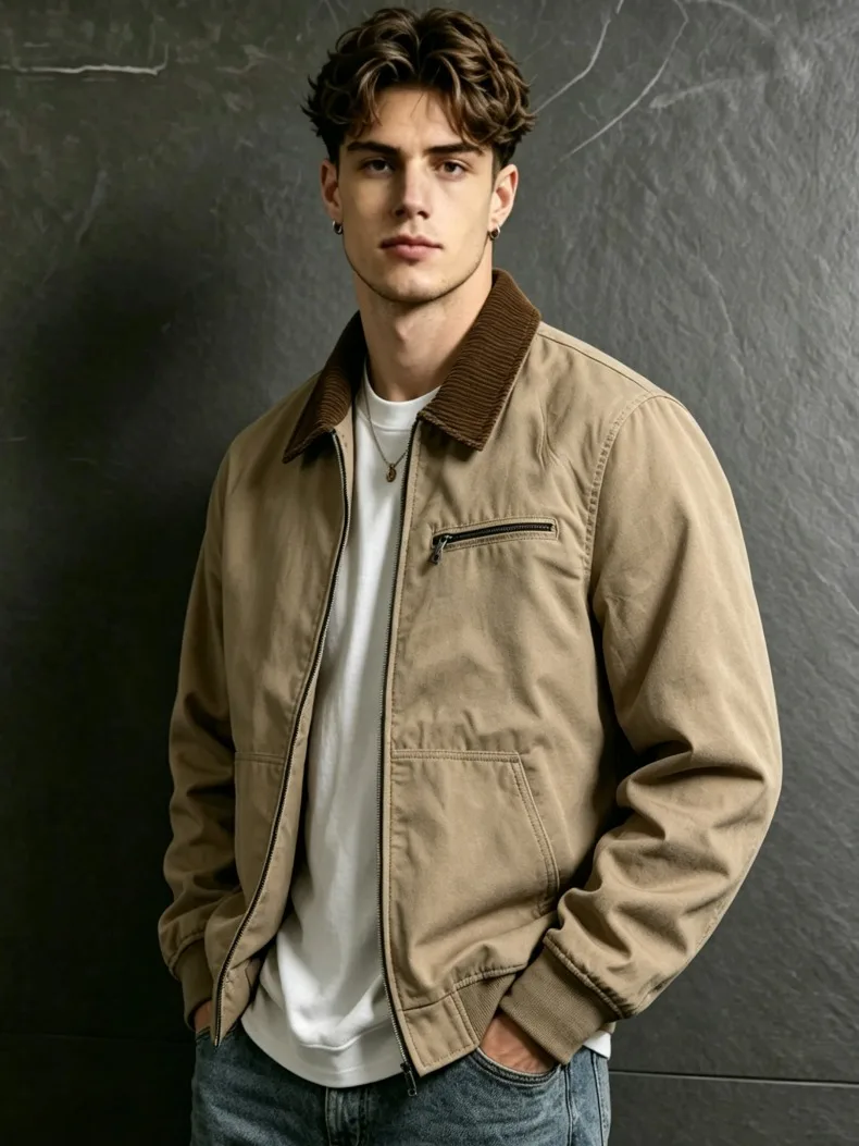 UETEEY Autumn Men Retro Canvas Detroit Jacket Corduroy Collar Heavyweight Short Zip Jacket With Pockets Casual Street Outerwear