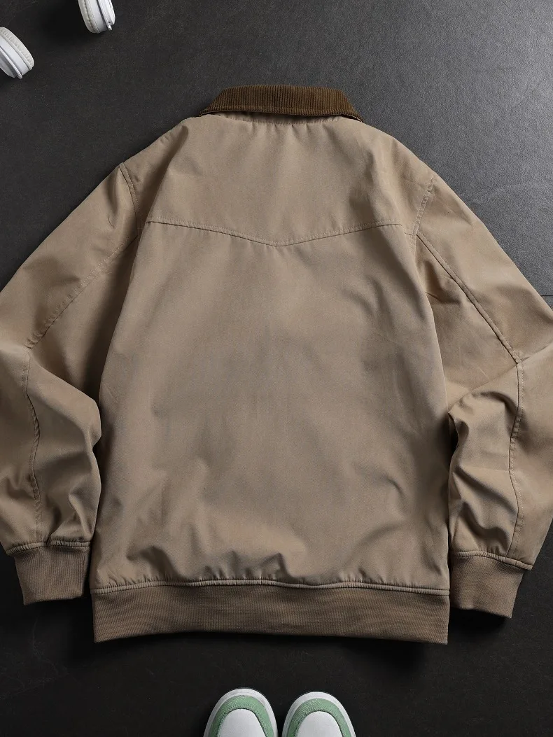 UETEEY Autumn Men Retro Canvas Detroit Jacket Corduroy Collar Heavyweight Short Zip Jacket With Pockets Casual Street Outerwear