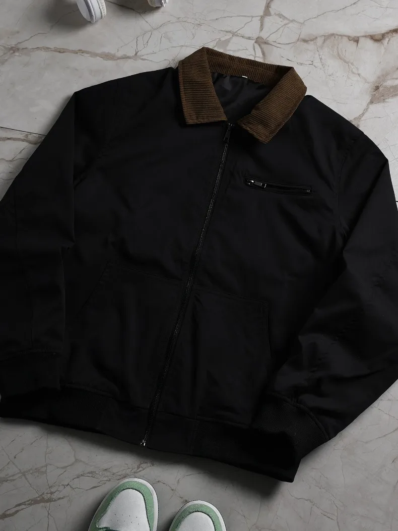UETEEY Autumn Men Retro Canvas Detroit Jacket Corduroy Collar Heavyweight Short Zip Jacket With Pockets Casual Street Outerwear