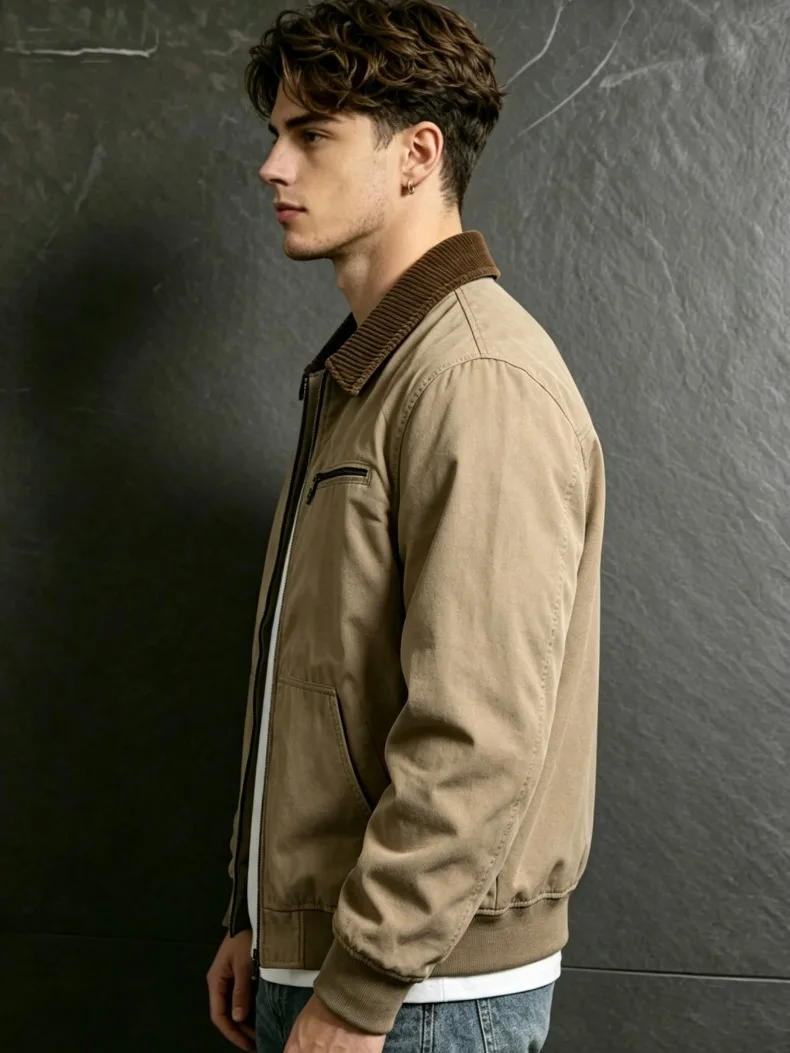 UETEEY Autumn Men Retro Canvas Detroit Jacket Corduroy Collar Heavyweight Short Zip Jacket With Pockets Casual Street Outerwear