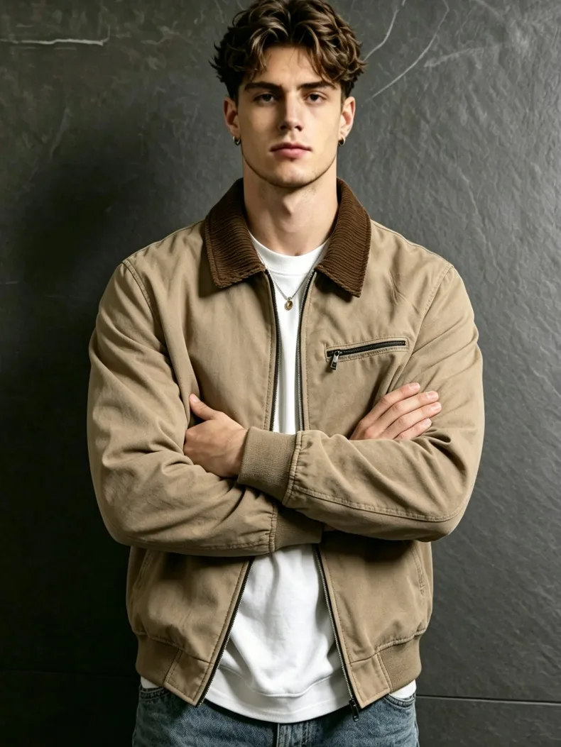 UETEEY Autumn Men Retro Canvas Detroit Jacket Corduroy Collar Heavyweight Short Zip Jacket With Pockets Casual Street Outerwear
