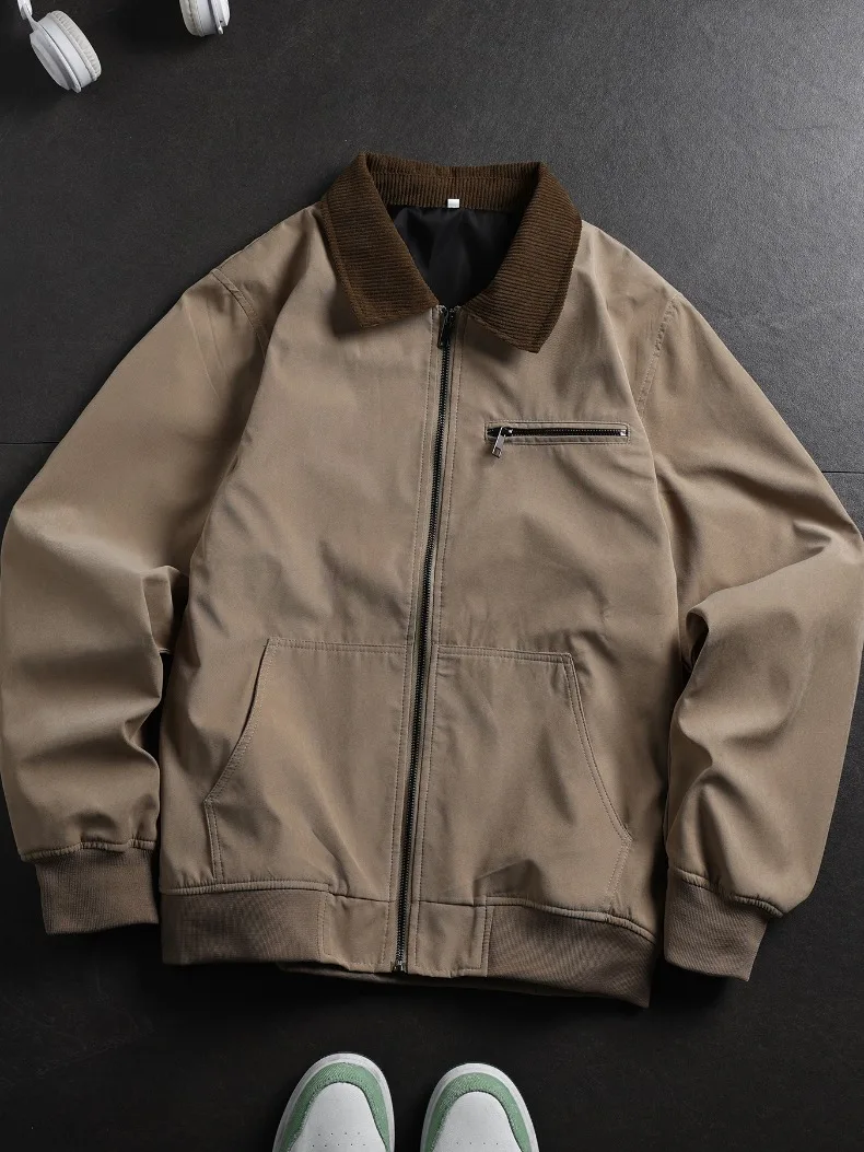 UETEEY Autumn Men Retro Canvas Detroit Jacket Corduroy Collar Heavyweight Short Zip Jacket With Pockets Casual Street Outerwear