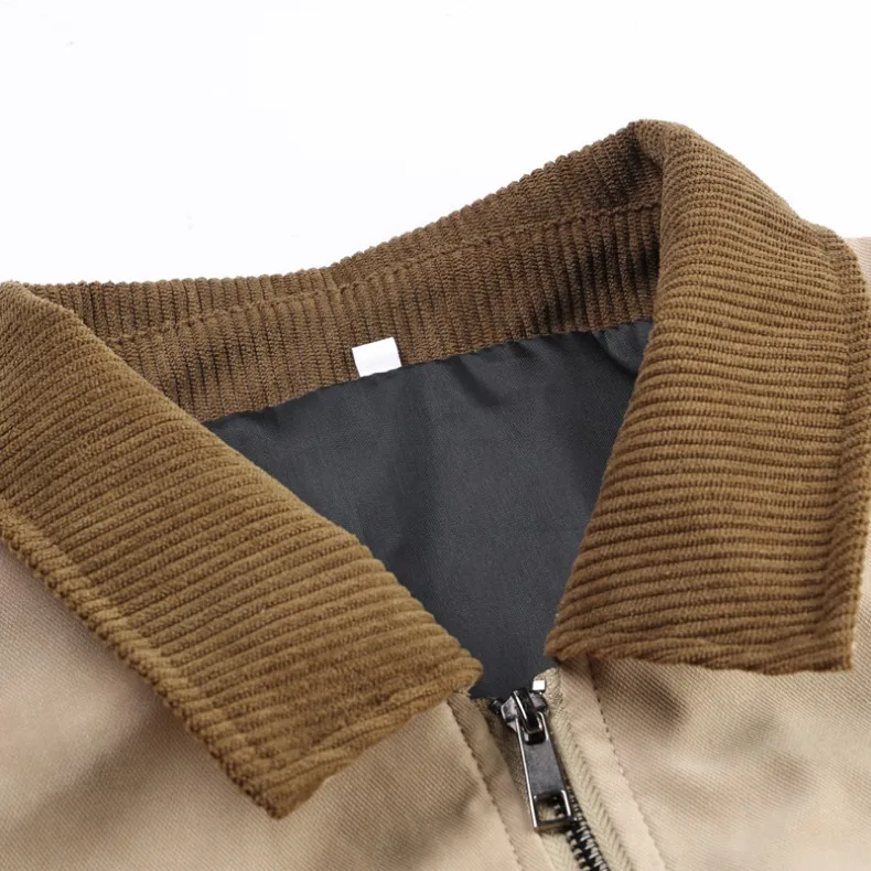 UETEEY Autumn Men Retro Canvas Detroit Jacket Corduroy Collar Heavyweight Short Zip Jacket With Pockets Casual Street Outerwear
