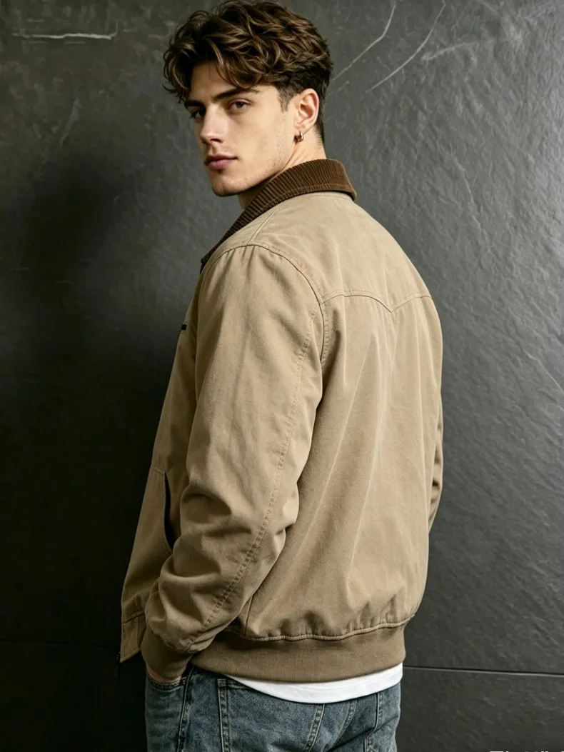 UETEEY Autumn Men Retro Canvas Detroit Jacket Corduroy Collar Heavyweight Short Zip Jacket With Pockets Casual Street Outerwear