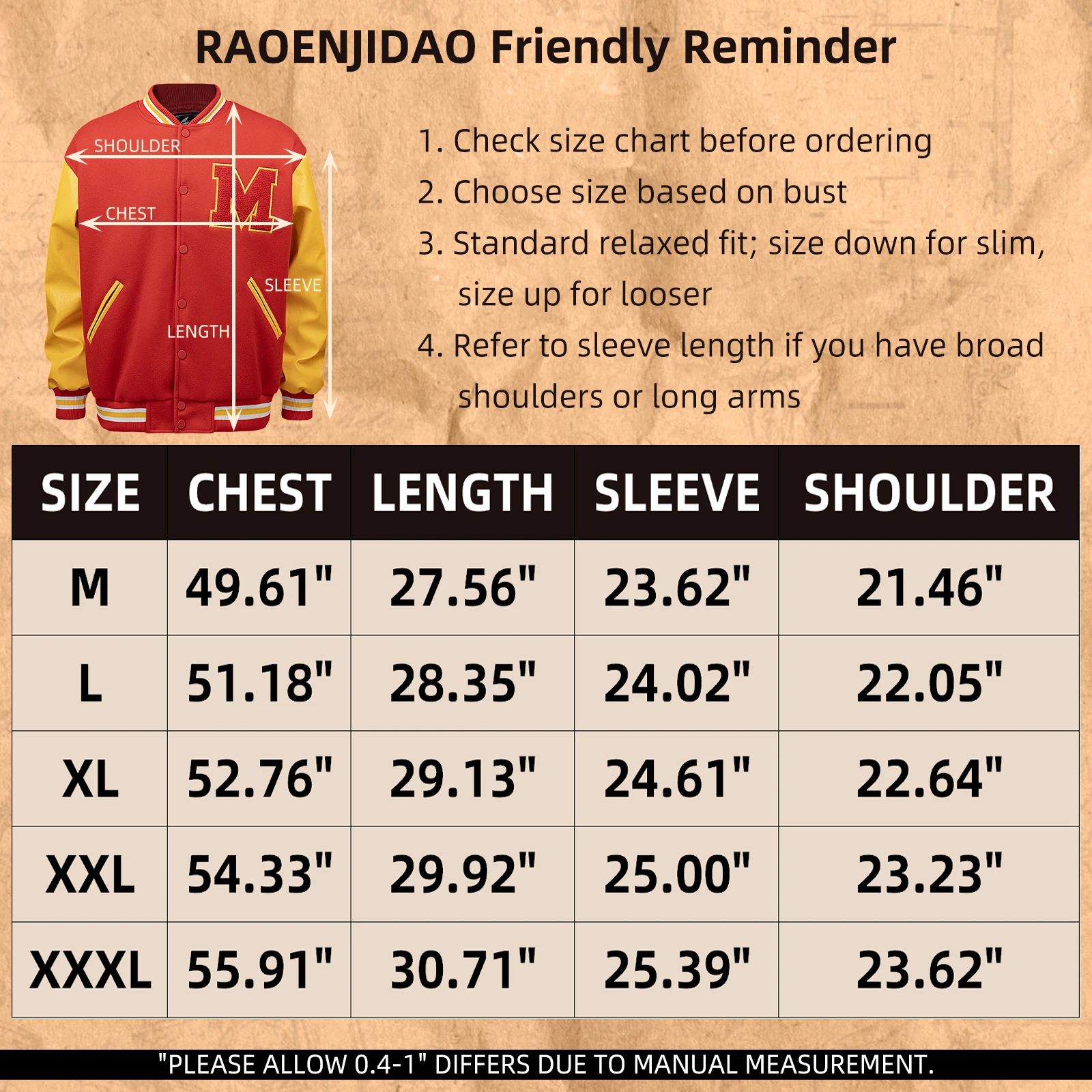 Mens M Letter Varsity Jacket Vintage Faux Leather Sleeve Baseball Letterman Coat Red & Yellow Streetwear for Casual Wear