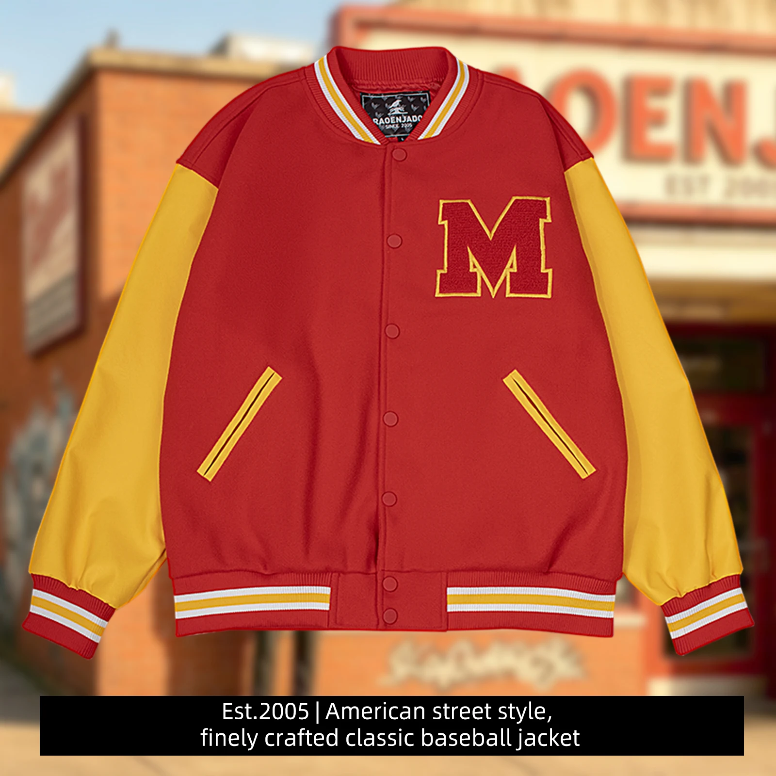 Mens M Letter Varsity Jacket Vintage Faux Leather Sleeve Baseball Letterman Coat Red & Yellow Streetwear for Casual Wear