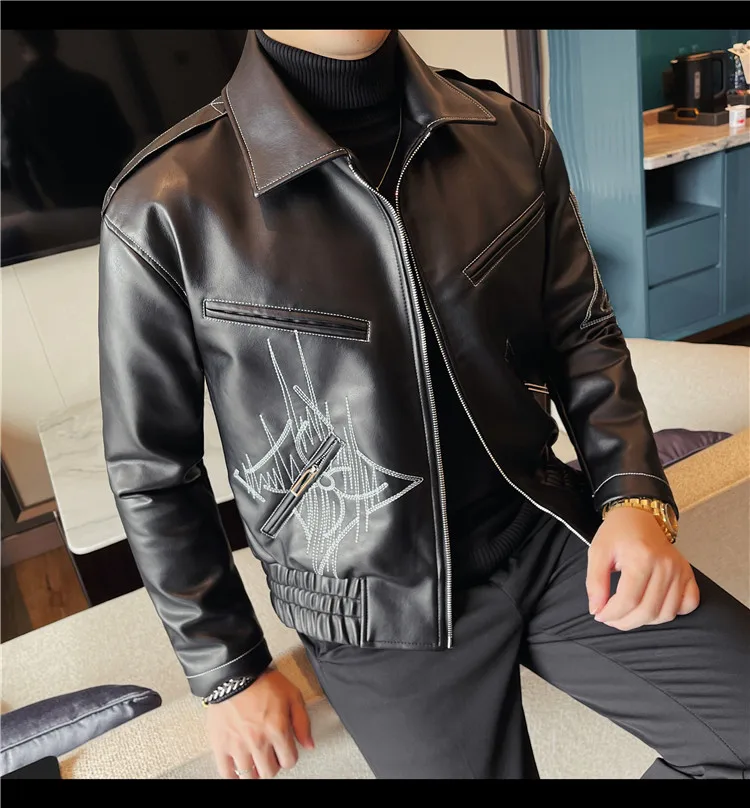 High Quality Fashion Men's Leather Jacket Coat New High-end Lapel Slim Fit Casual Embroidered Thick Jacket Top Men Clothing