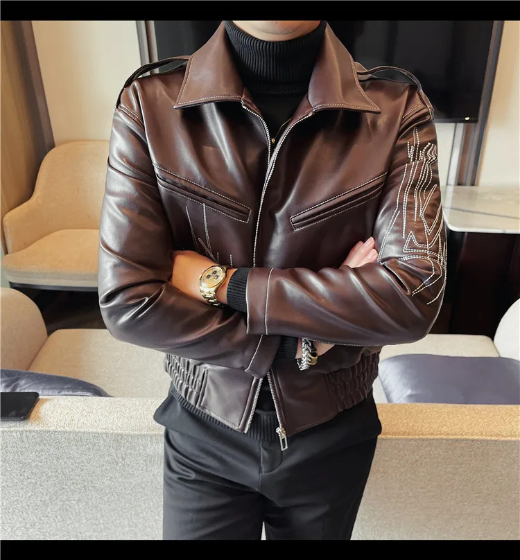 High Quality Fashion Men's Leather Jacket Coat New High-end Lapel Slim Fit Casual Embroidered Thick Jacket Top Men Clothing
