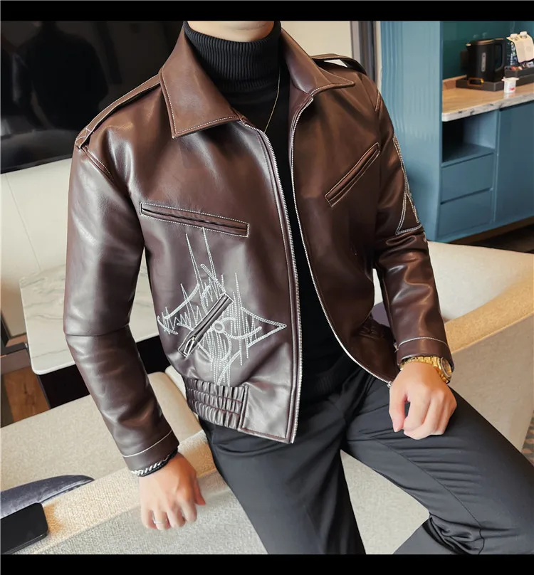 High Quality Fashion Men's Leather Jacket Coat New High-end Lapel Slim Fit Casual Embroidered Thick Jacket Top Men Clothing