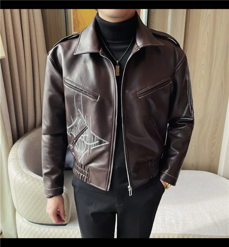 High Quality Fashion Men's Leather Jacket Coat New High-end Lapel Slim Fit Casual Embroidered Thick Jacket Top Men Clothing