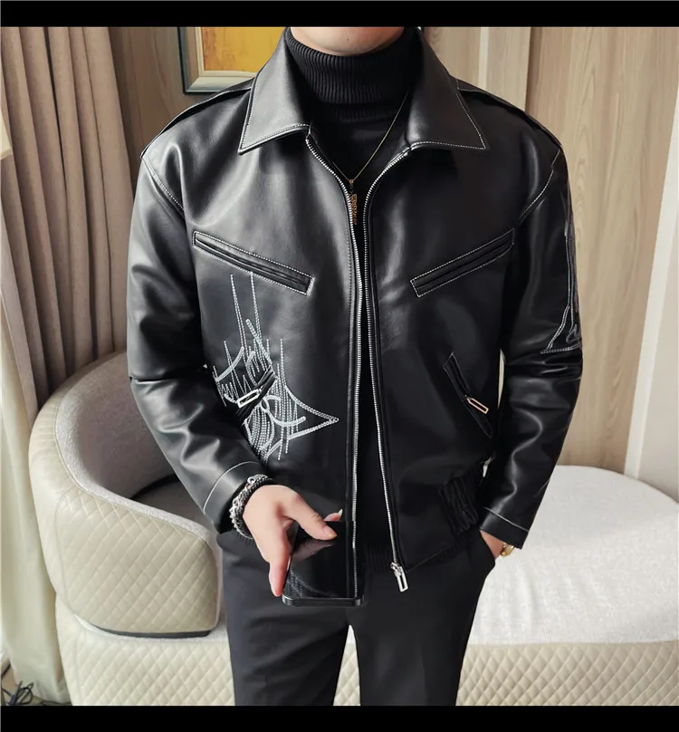 High Quality Fashion Men's Leather Jacket Coat New High-end Lapel Slim Fit Casual Embroidered Thick Jacket Top Men Clothing