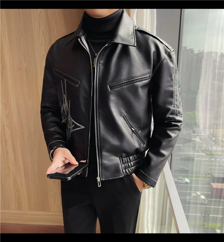 High Quality Fashion Men's Leather Jacket Coat New High-end Lapel Slim Fit Casual Embroidered Thick Jacket Top Men Clothing