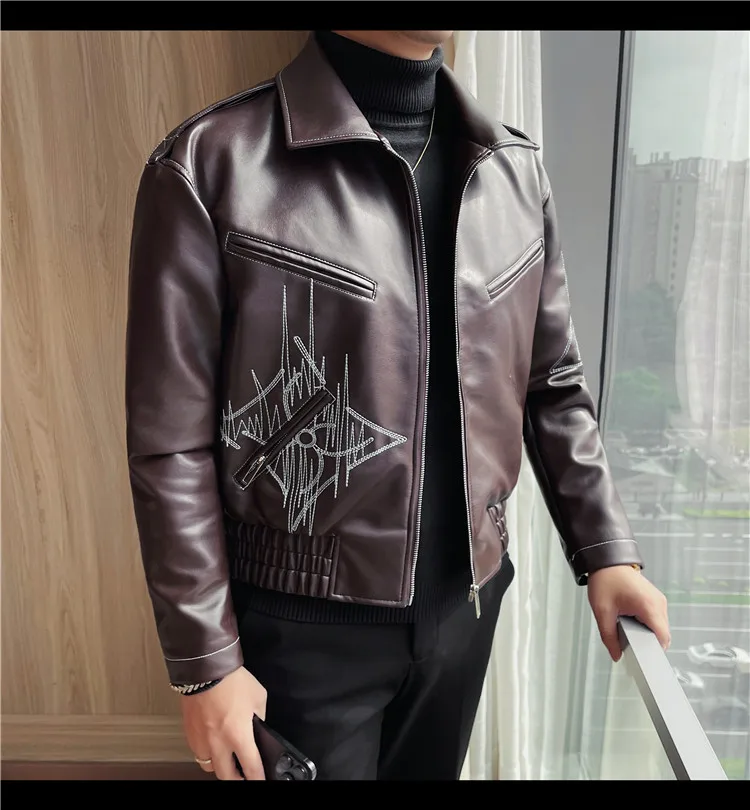 High Quality Fashion Men's Leather Jacket Coat New High-end Lapel Slim Fit Casual Embroidered Thick Jacket Top Men Clothing