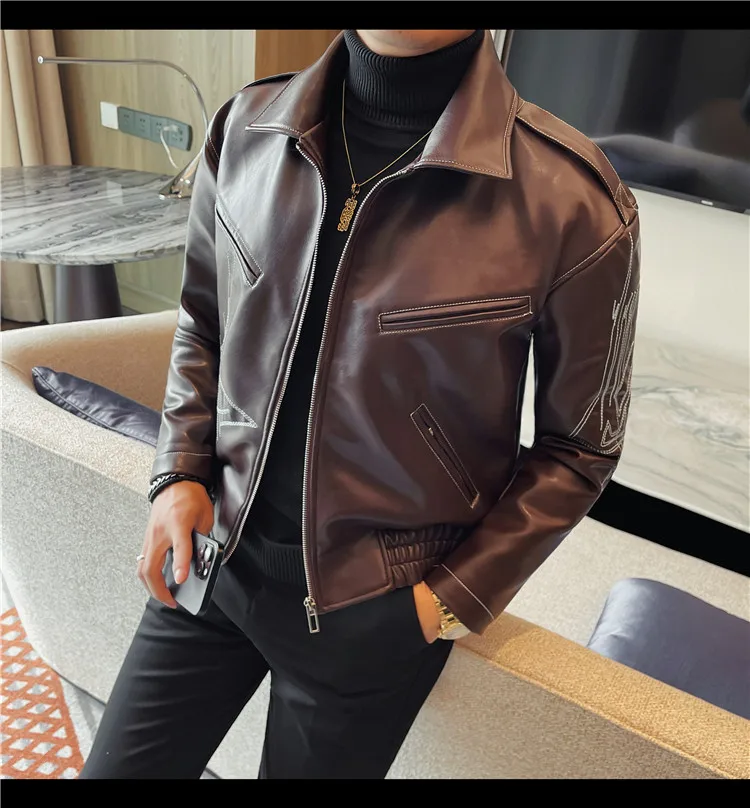 High Quality Fashion Men's Leather Jacket Coat New High-end Lapel Slim Fit Casual Embroidered Thick Jacket Top Men Clothing