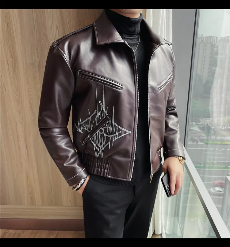 High Quality Fashion Men's Leather Jacket Coat New High-end Lapel Slim Fit Casual Embroidered Thick Jacket Top Men Clothing