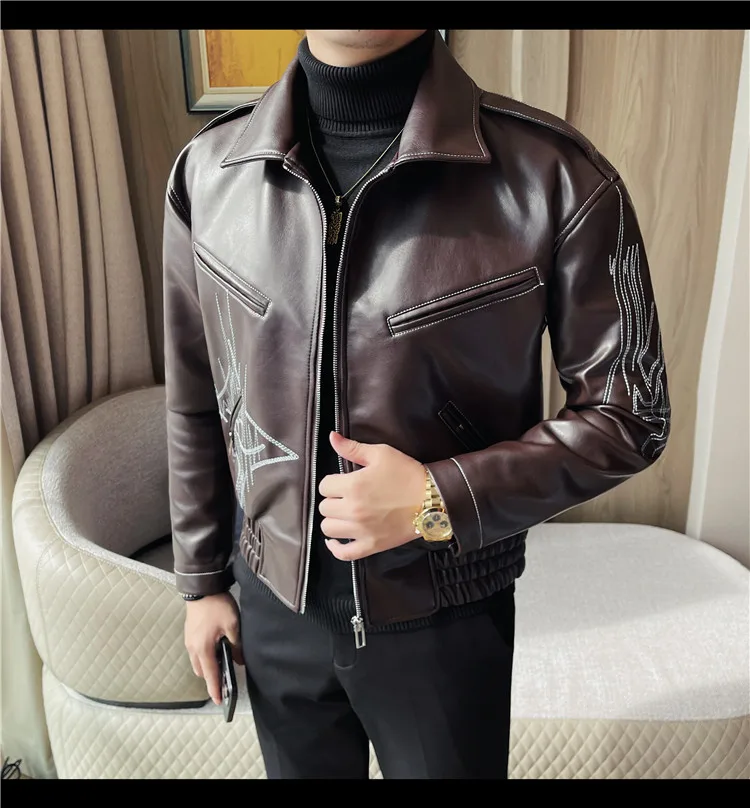 High Quality Fashion Men's Leather Jacket Coat New High-end Lapel Slim Fit Casual Embroidered Thick Jacket Top Men Clothing